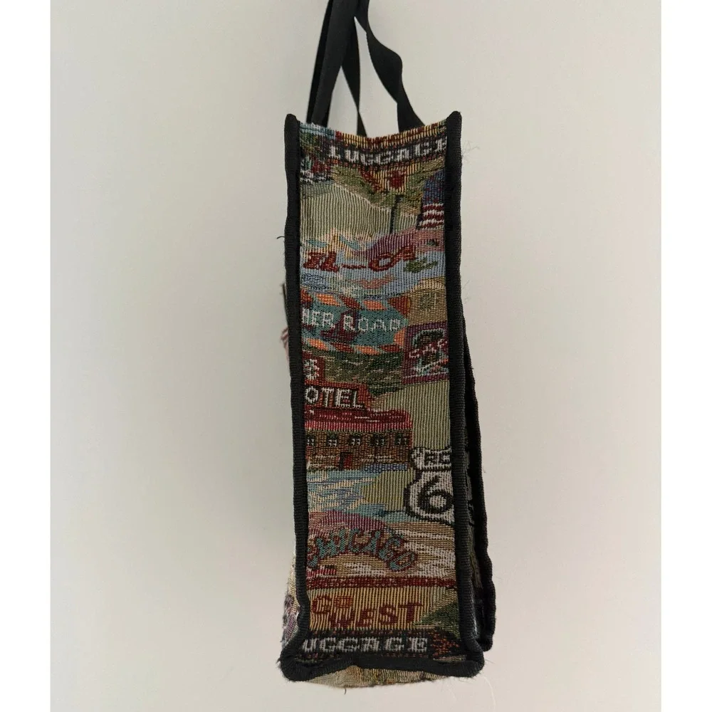 Tapestry Tote Bag Route 66 Zip‎ Closure Double Strap Zip Pocket Velcro Pocket